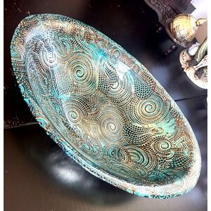 Silverina Turkish Blue Silver Swirl Bowl 11.5" Oval Handmade 3D Glass